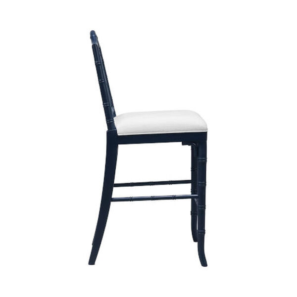 Annette Matte Navy Lacquer White Linen Chippendale Style Bamboo Counter Stool, image 4